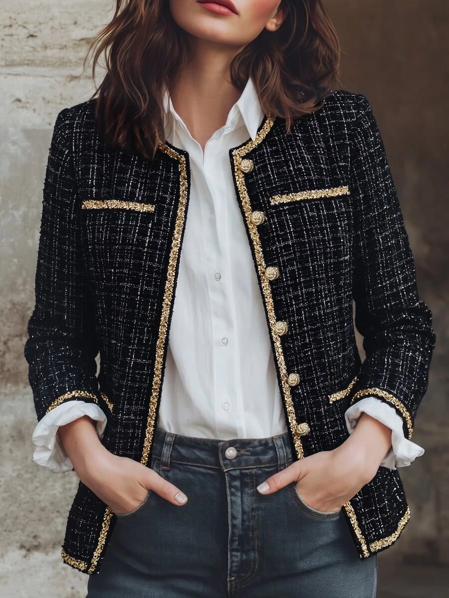 LUMIGAL Women's Autumn/Winter Long Sleeve Colorblock Patchwork Lace Trim Tweed Fashion Elegant Jacket - Black - View 1