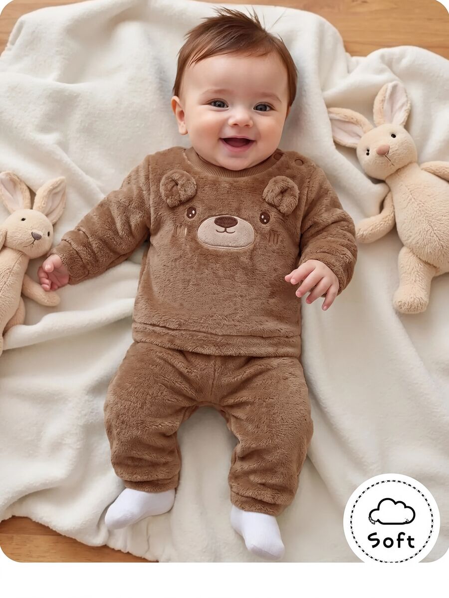 SHEIN Newborn Baby Cute Casual Fluffy Brown Cartoon Pattern Embroidered Winter Top And Elastic Waist Long Pants 2-Piece Set - Brown - View 1