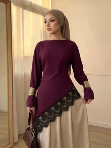 Celisse Atasan Wanita Lengan Panjang Model Longgar dengan Hem Asimetris dan Hiasan Renda, Model Baru untuk Awal Musim Gugur - Burgundy - View 8