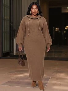 Slaydiva Plus Size Women's Knit Dress, Coffee Cowl Neck Drawstring Thick Rib Plus Size Maxi Sweater Dress - Coffee Brown - View 7