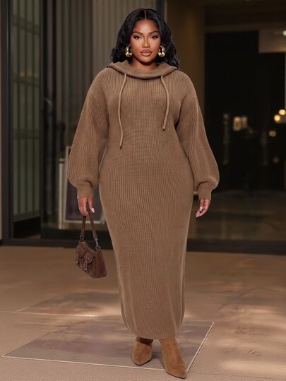 Slaydiva Plus Size Women's Knit Dress, Coffee Cowl Neck Drawstring Thick Rib Plus Size Maxi Sweater Dress