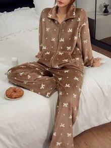 Napfluff Autumn/Winter Plush Stand Collar Zipper Cardigan With Double Pockets And Bow Print Long Sleeve Long Pants Women's Pajama Set - Brown - View 3