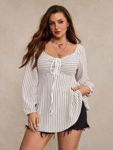 Freevana Striped TieFront Knit Top With Flared Hem Long Puff Sleeves, Flirty Tunic For Vacation Casual Wear Fall - Khaki - View 3