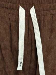 SHEIN EZwear Women's Loose Casual Daily Commute Long Pants, Autumn/Winter Brown Corduroy Plaid Colorblock Patchwork With Folded Hem, Elastic Waist With Drawstring - Brown - View 7