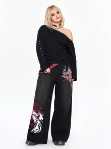 ROMWE Dark Gothic Street Style Vintage Washed Loose Comfortable Plus Size Denim Jeans - Black - View 2