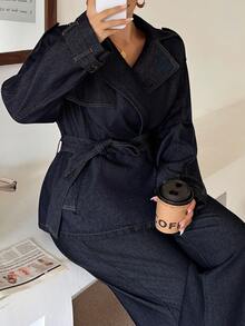 Dazy Plus Loose Tie-Up Lapel Long Sleeve Denim Top And Pants Casual Spring Summer Autumn New Denim Two Pieces Set - Dark Wash - View 7