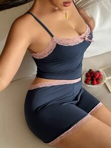 Dazy Plus Conjunto de Pijama Sexy com Camisete Curta e Shorts com Renda Contrastante Elástica Ajustada para Primavera, Verão e Outono - Azul Marinho - Visão 5