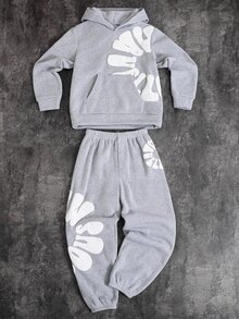 SHEIN 男嬰壓紋長袖連帽衛衣與休閒長褲套裝 - 灰色 - 查看 4