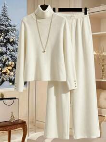 SHEIN Franclia Soft Aesthetic Fall Winter Two Pieces Co-Ord Set Off White Plush Velvet Turtleneck Top Gold Decorative Cuff Buttons High Waist Flared Wide Leg Pants - Apricot - View 6