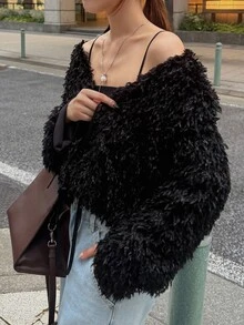 FRIFUL Women's Solid Color Front Tie Short Faux Fur Jacket - Apricot - View 1
