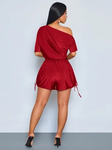 SOLERSUN Sexy Elegant Casual Women's Brown Asymmetrical Shoulder Design Jumpsuit Spring Summer - Burgundy - View 3