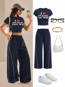SHEIN PETITE Women's Autumn/Winter Street Style Vintage Holiday Outing Back To School Basic Black Wide Leg Pants, Essential For Daily Wear - Navy Blue - View 5