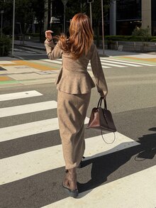 FRIFUL Women's Solid Color Overlap V-Neck Ruffle Hem Sweater And Knit Skirt Set - Dark Grey - View 3