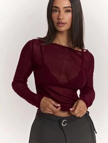 SHEIN BAE 女款優雅性感休閒日常羊絨輕量針織透視上衣，適合打造經典百搭上衣、休閒上衣、黑色上衣、百搭上衣、通勤上衣、2合1上衣 - 紫紅色 - 查看 7