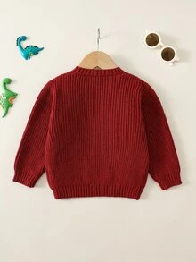 SHEIN Baby Boy Baby Girl Baby Boy Red Dinosaur Pattern Crew Neck Long Sleeve Pullover Sweater, Versatile And Comfortable For Autumn/Winter, Suitable For Christmas - Burgundy - View 2