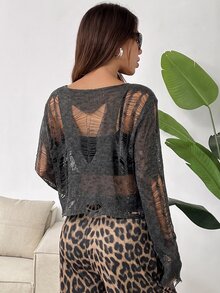 SHEIN EZwear 休閒不對稱破洞女款毛衣 - 深灰色 - 查看 2