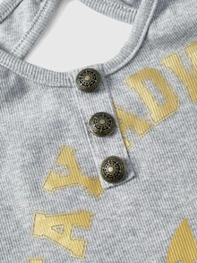 ROMWE Grunge Punk Tank Top Wanita Gaya Navy Motif Foil Abu-abu Vintage dengan Detail Kancing Silang Eyelet - Grey - View 3