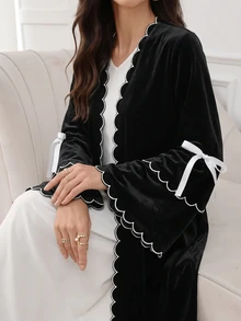 Veilorie عباية نسائية مزينة بفيونكة وأكمام واسعة - الأسود - مشاهدة 3
