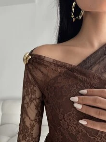 Modelyn Women's Elegant Solid Color Lace Dress - Coffee - View 4