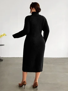 Firerie Vintage Chunky Cable Knit High Neck Plus Size Loose Slimming Long Sleeve Maxi Sweater Dress - Black - View 3