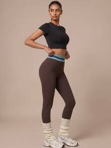 SHEIN BAE Women Brown Stripe Seamless High Waist Leggings Tummy Control Gym Workout Training Running Yoga Athletic Pants - Coffee Brown - View 6