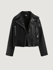 SHEIN 青少年女孩街頭風 PU 金屬拉鍊前開短版黑色仿皮夾克 秋冬款 - 黑色 - 查看 2