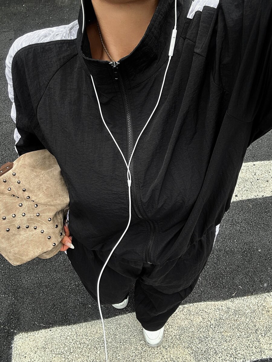 Livesso Colorblock Patchwork Sporty Casual Streetwear Loose Jacket & Pants 2 Pieces Set For Spring/Autumn - Black - View 1
