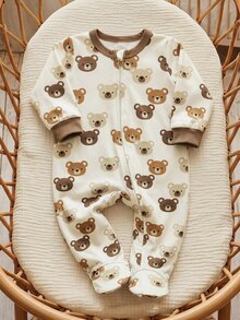 SHEIN 新生兒嬰兒卡通圖案拉鍊休閒日常連身長褲 - 米色 - 查看 5