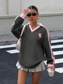 Muchica 女款秋冬保暖內裡對比色織帶刺繡寬鬆版型 Polo 領運動衫 - 深灰色 - 查看 6