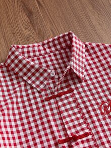 SWAVVY Men's Embroidered Plaid Patchwork Long Sleeve Fashion Shirt - Red - View 7