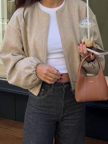 Pariaura Women's Khaki Fall/Winter Crew Neck Zip Drop-Shoulder Crop Jacket,Long-Sleeve Pocket Hem Cinched Short Top,Chic Occasion Wear For Daily Outing Commute - Brown - View 7