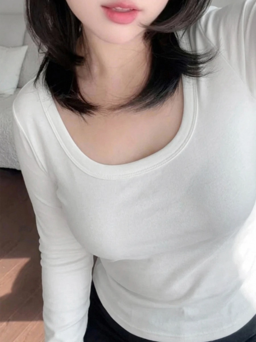 Dazy Plus Solid Color Small Square Neck Korean Style Versatile Long Sleeve White T-Shirt - White - View 1
