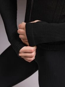 Powerista Women's Black Ribbed Surface Washed Process Stand Collar Slim Fit Long Sleeve Athletic Tight Jacket - Black - View 6