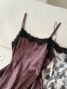 Moireta Women's Mature Elegant Floral Print, Leopard Print, Glossy Solid Color Satin Camisole Mini Nightgown 3-Piece Set - Multicolor - View 5