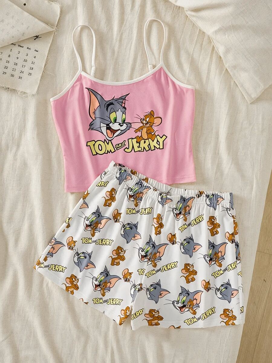 TOM & JERRY X SHEIN 女款卡通印花細肩帶上衣與短褲睡衣套裝 - 粉色 - 查看 1