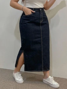 Dazy Plus Vintage Versatile Long Straight Split Hem Denim Skirt, Spring Summer Autumn - Dark Wash - View 1