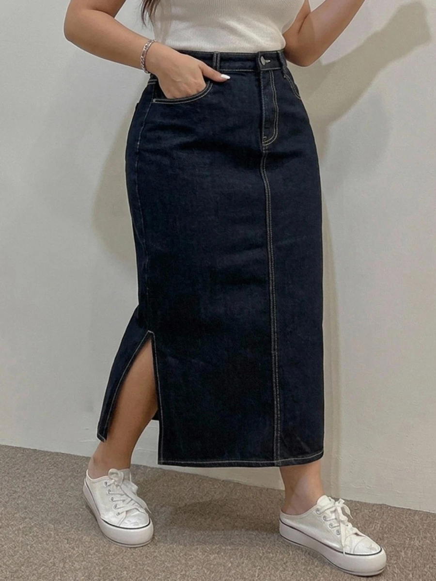 Dazy Plus Vintage Versatile Long Straight Split Hem Denim Skirt, Spring Summer Autumn - Dark Wash - View 1