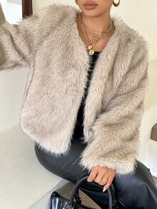 Dazy Plus Solid Color V-Neck Thick Elegant Autumn/Winter New Faux Fur Coat - Apricot - View 1