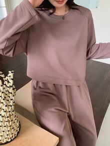 Dazy Plus Solid Color Asymmetric Sweatshirt And Wide Leg Pants, Soft Purple Casual 2 Pieces Set - Pink - View 1