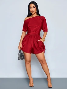 SOLERSUN Sexy Elegant Casual Women's Brown Asymmetrical Shoulder Design Jumpsuit Spring Summer - Burgundy - View 4