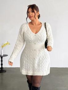 Firerie Pure Desire Slouchy Cable Knit Short Dress, V-Neck Faux Button Waist Cinched A-Line Dress, Flattering Slimming Long Sleeve Dress - Apricot - View 4