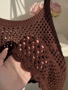 Comfortcana 大尺碼女款大網眼鏤空繫帶針織背心上衣 - 棕色 - 查看 5