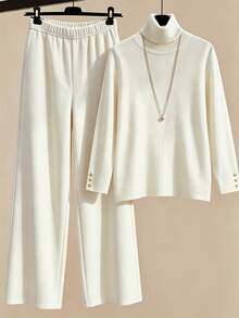 SHEIN Franclia Soft Aesthetic Fall Winter Two Pieces Co-Ord Set Off White Plush Velvet Turtleneck Top Gold Decorative Cuff Buttons High Waist Flared Wide Leg Pants - Apricot - View 7