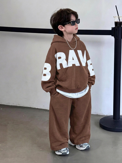 2pcs Kids Young Boys Casual Streetwear Korean Style Snowflake & Big Letter Print Hoodie Long Sleeve Sweatshirt And Solid Color Elastic Waist Sweatpants Set, Suitable For Back To School, Birthday, Baby Shower, Holiday Party, Autumn/Winter