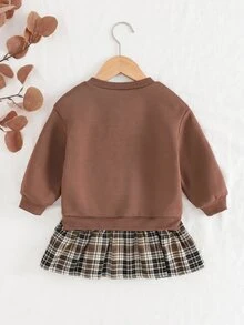SHEIN 女嬰可愛秋冬款棕色花卉格紋長袖洋裝 - 摩卡棕 - 查看 5