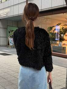 FRIFUL Women's Solid Color Front Tie Short Faux Fur Jacket - Apricot - View 4