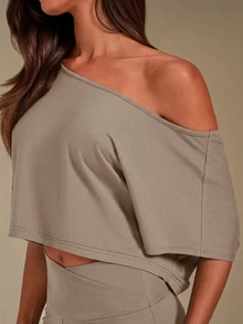 Athîral Women's Asymmetric Neckline Cropped Top And Long Pants Loungewear Set - Camel - View 4