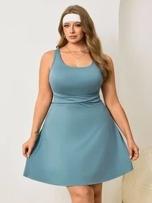 Easithlete Women's Plus Size Solid Color Ruched Waist Sleeveless Athletic Alternative Kawaii Renaissance Dress Fair Gym Tennis Dusty Blue Summer - Blue - View 3