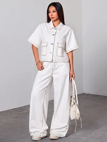SHEIN PETITE 女款短袖單排扣休閒寬鬆牛仔襯衫 - 白色 - 查看 4