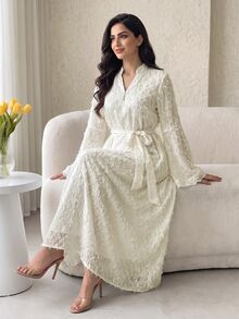 Al Najma Women's Elegant Solid Color Bell Sleeve Arabian Dress - Apricot - View 6